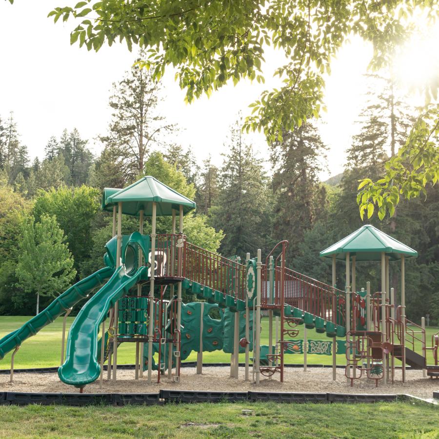 Green and brown playground equipment  surrounded by trees at Lake Chelan State Park.