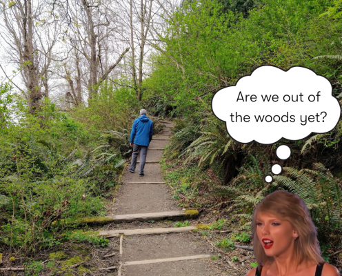 A man hikes up a trail in a sparse green forest. In a corner, a cutout of Taylor Swift has a thought bubble saying, "Are we out of the woods yet?"