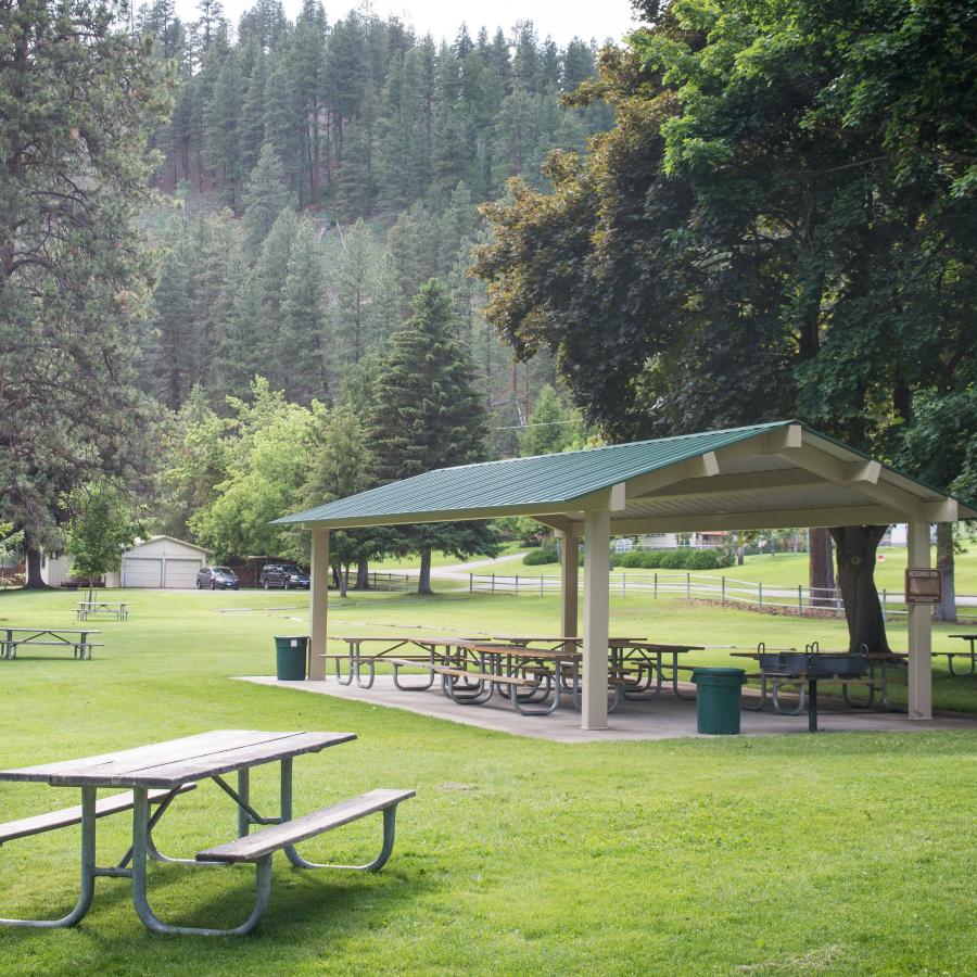 A large, roofed picnic shelter covers several picnic tables and a barbeque grill. Other picnic tables are set out on a large lawn and under trees.