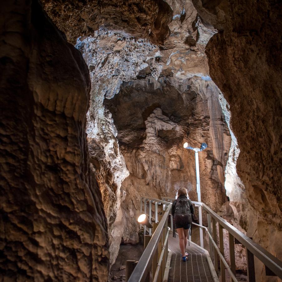 A metal walkway leads a visitor through a well lit portion of the cave.