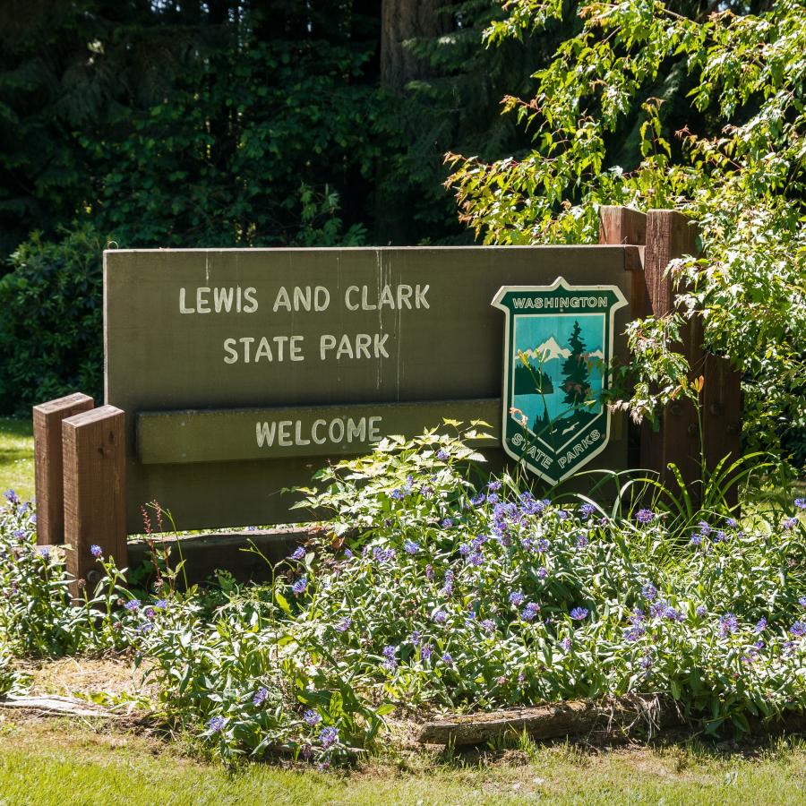 Lewis & Clark State Park Welcome Sign at entrance with Parks emblem