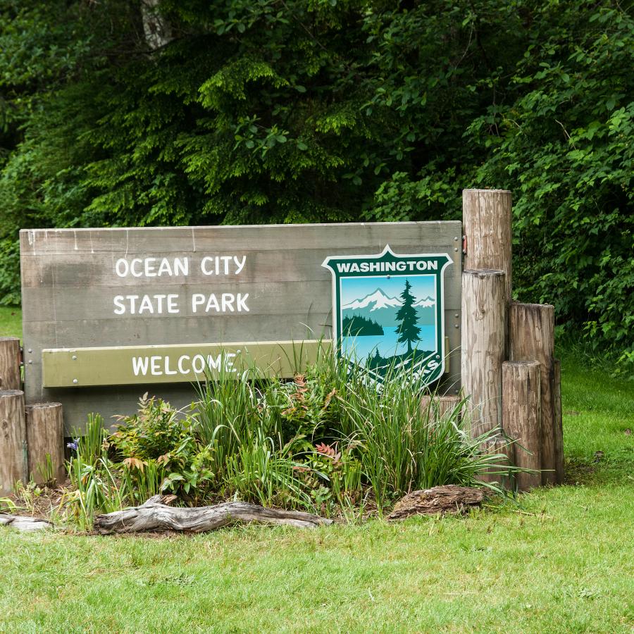 Washington park welcome sign made of wood and shrubs in front