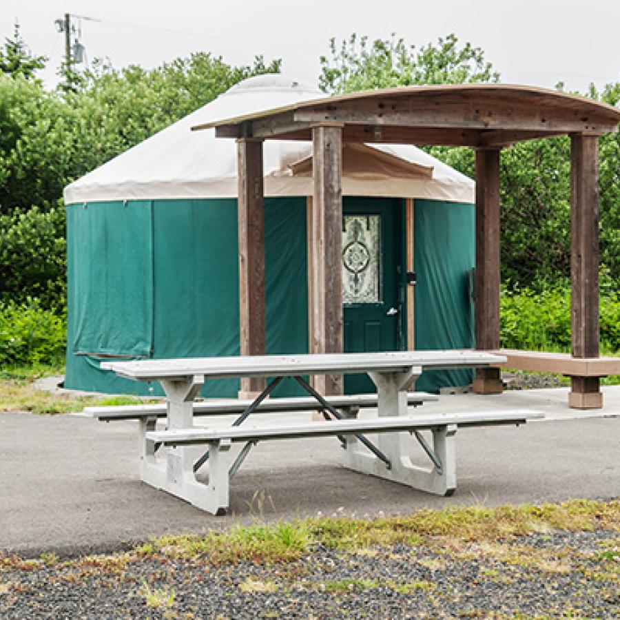 A green yurt with a tan roof and a small brown porch frame in front of it. A picnic table is in front of it and green bushes are behind it.