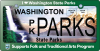 A rectangular graphic of the Washington State Parks license plate which helps fund the Washington State Parks Folk and Traditional Arts Program. It features a waterfall, mountains and a lake behind the license text reading PARKS.