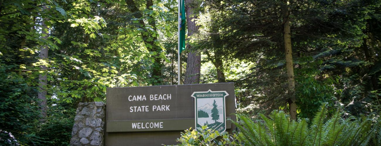 Cama Beach State Park Sign surrounded by lush green forest plants and trees. 