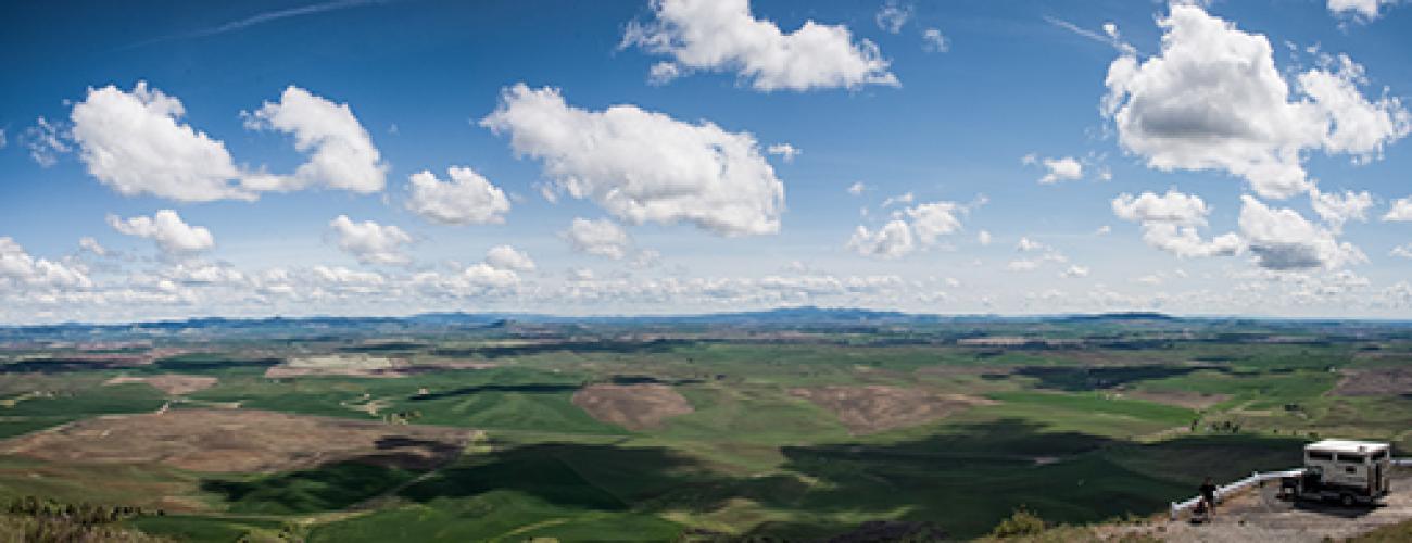 View from top of Steptoe Butte, parking lot with RV below then farther out is landscape of grassy hills and clouds in the sky on a sunny day