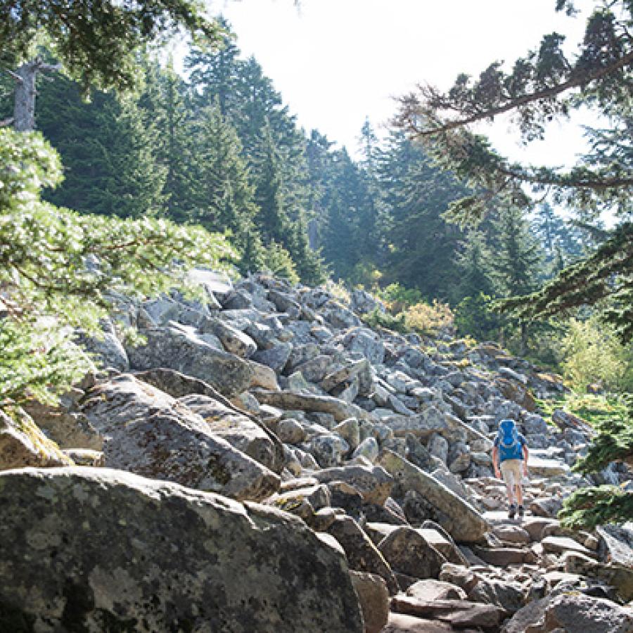 Hikers on rocky trail at Mount Pilchuck.